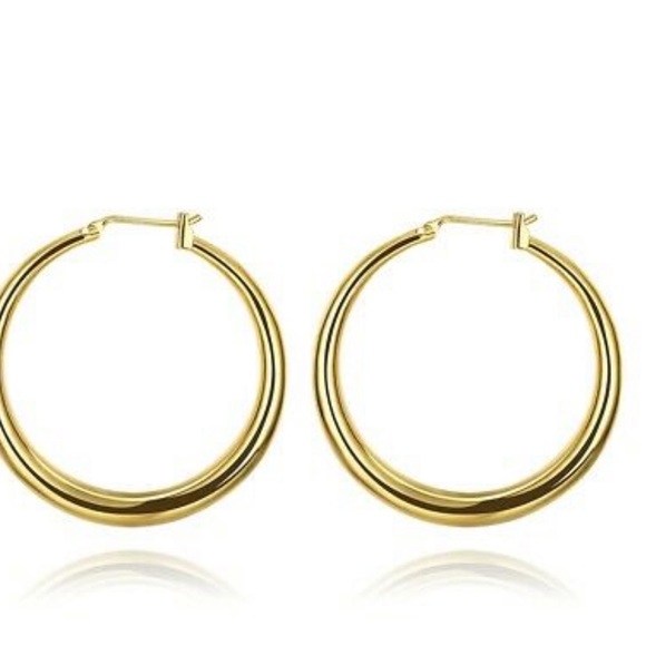 18K Gold Plated Round French Lock Hoop Earrings - Picture 3 of 3